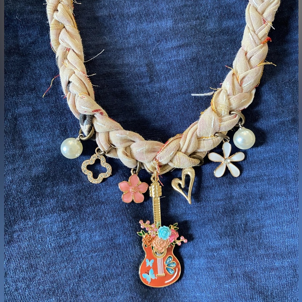 One of a kind Guitar Girlie Kantha Handmade Charm Necklace